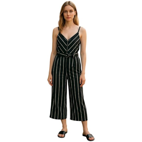 Buckle V-Neck Zip Front Woven Striped Jumpsuit Black/white size Small NWT - Picture 1 of 6